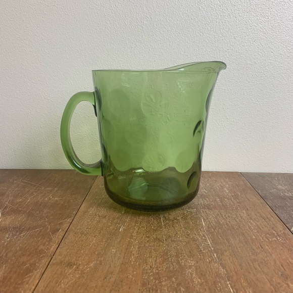 Hazel Atlas El Dorado Avocado Green Glass Pitcher 1968 Raindrop Thumbprint Dot - Picture 1 of 6